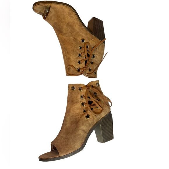 93 Vintage Womens Open Toe Ankle Boots Lace Up Tan Side Zip Vegan 9.5 - Picture 5 of 16